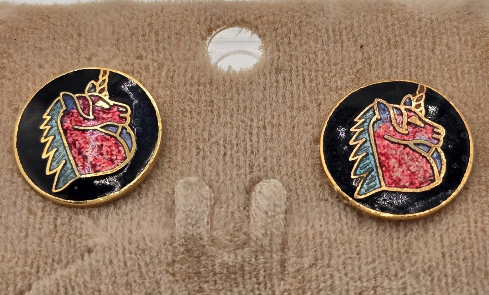 Vintage Cloisonne Enamel Stud Earrings Unicorn Brass Black Pink Blue