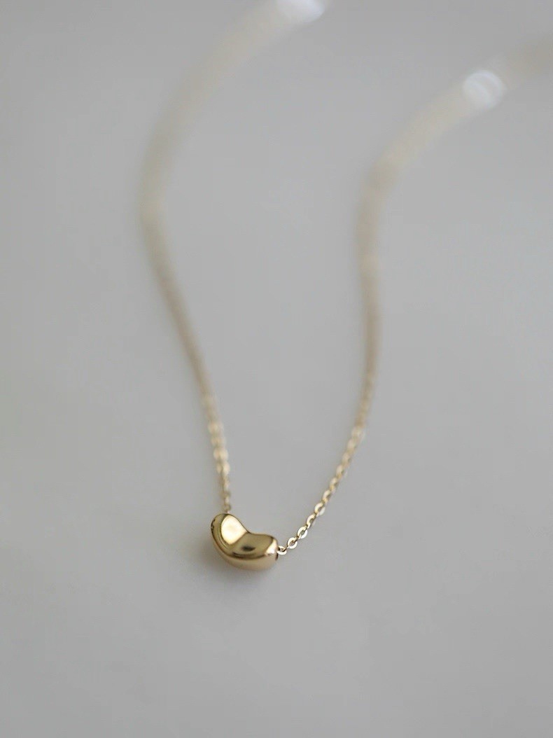 Solid 14K Yellow Gold Bean Pendant Necklace AU585 Stamp, 16.5” Adjustable