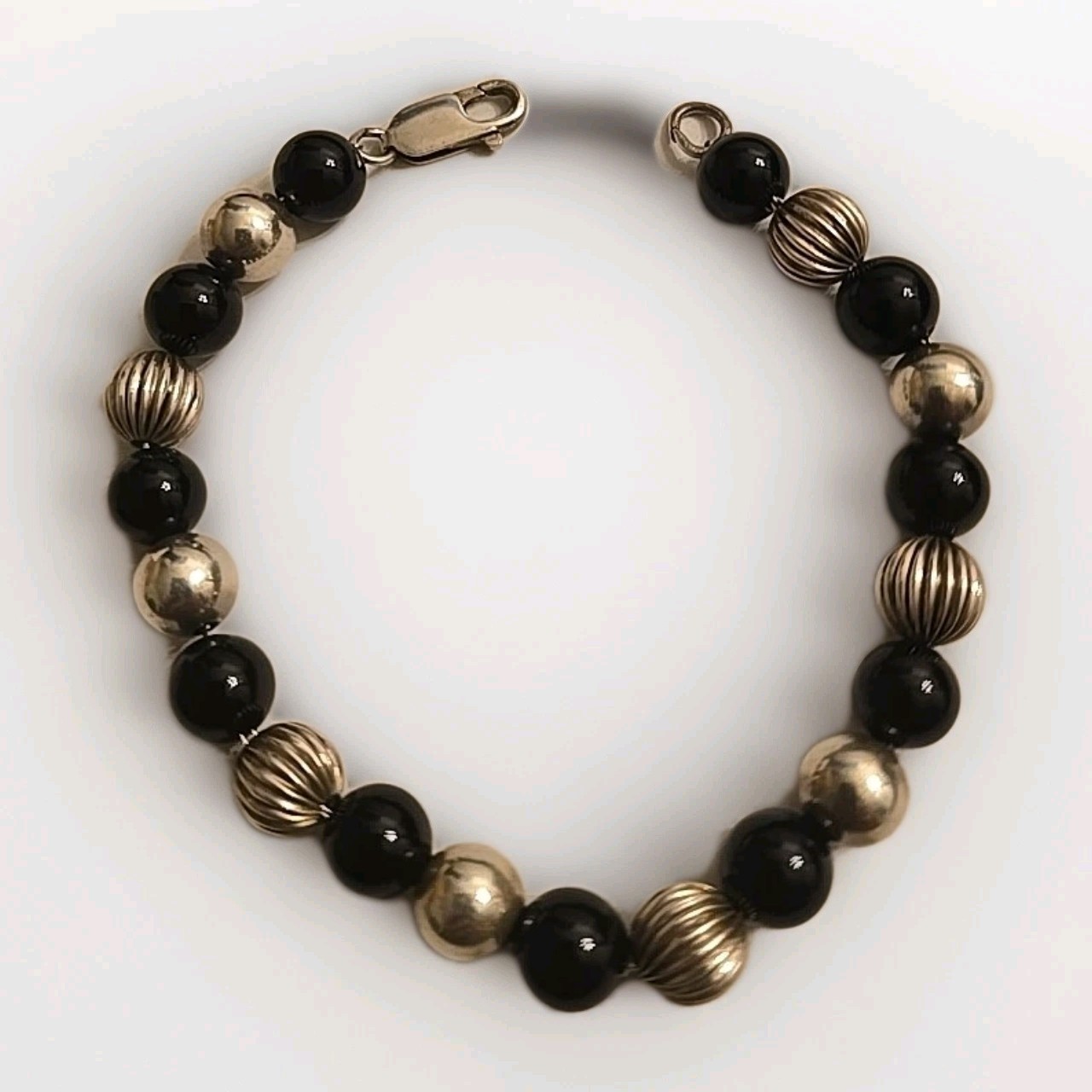 DOBBS 925 STER SIL RIBBED POLISHED BEADS ONYX NECKLACE 30 IN./BRACELET 7 IN. SET