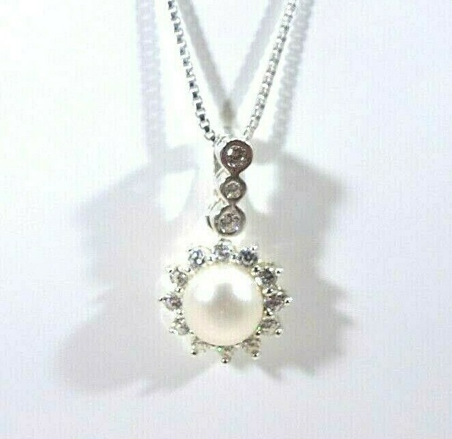 Cultured Freshwater White Pearl & White CZ Sterling Silver Italian Necklace