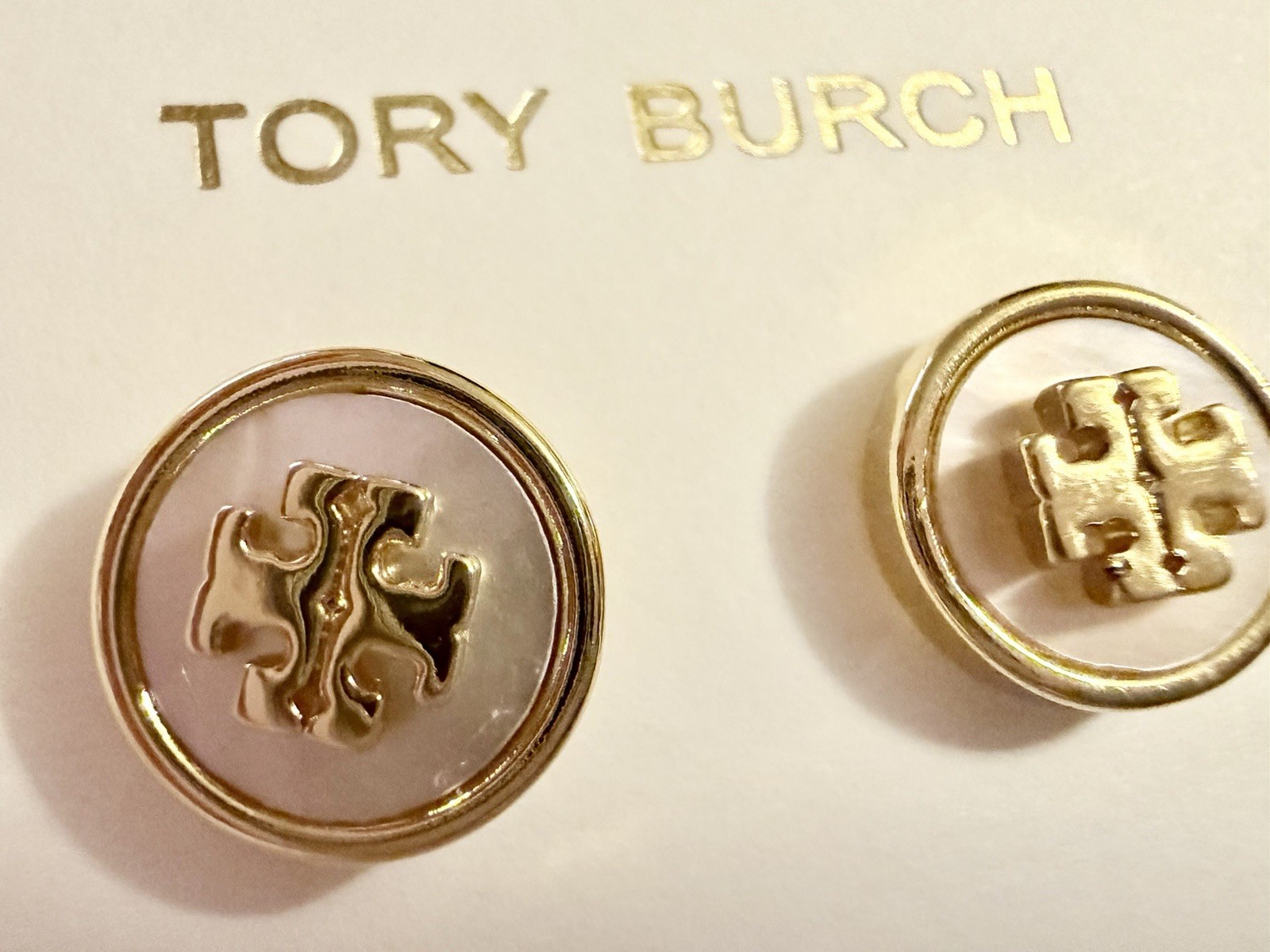 Tory Burch Gold-Tone Mother Of Pearl Earrings with Logo Design