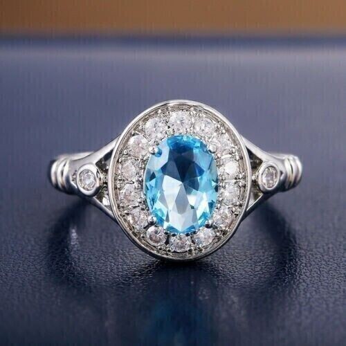 2.1 CT Simulated Aquamarine 925 Silver Plated Royal Vintage Thanksgiving Ring