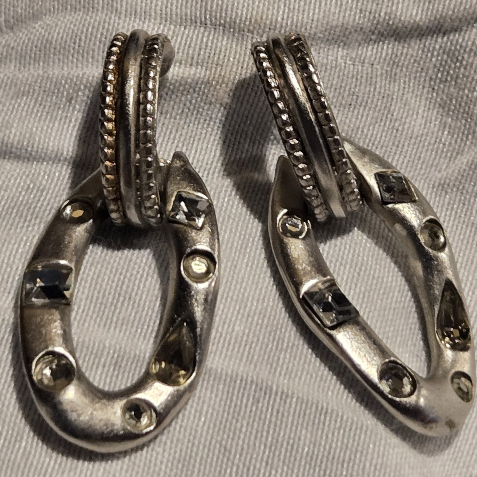 Vintage Silver Tone Chunky Door Knocker Dangle Earrings Multi Shape Rhinestones