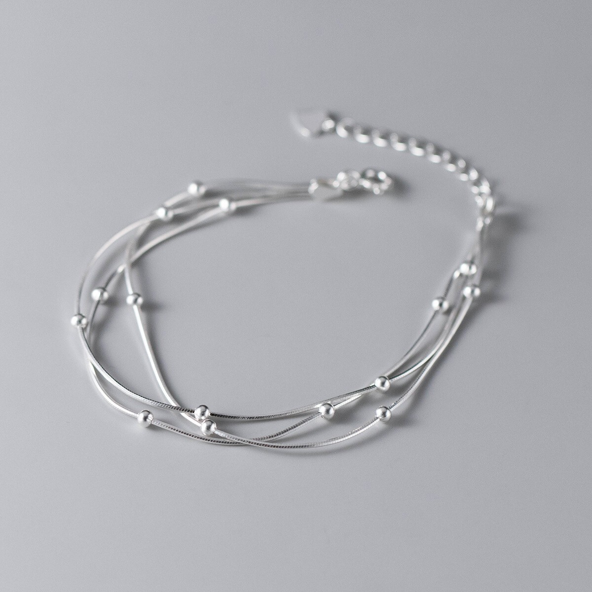 Woman REAL S925 Sterling Silver 3 Layers Beaded Snake Chain Bracelet Bangle
