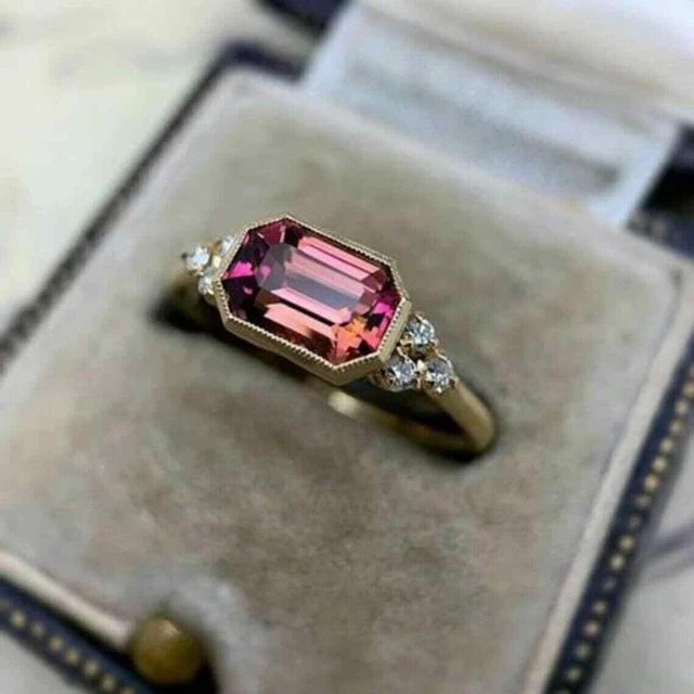 3Ct Emerald Cut Lab Created Pink Tourmaline Wedding Ring 14K Yellow Gold Finish