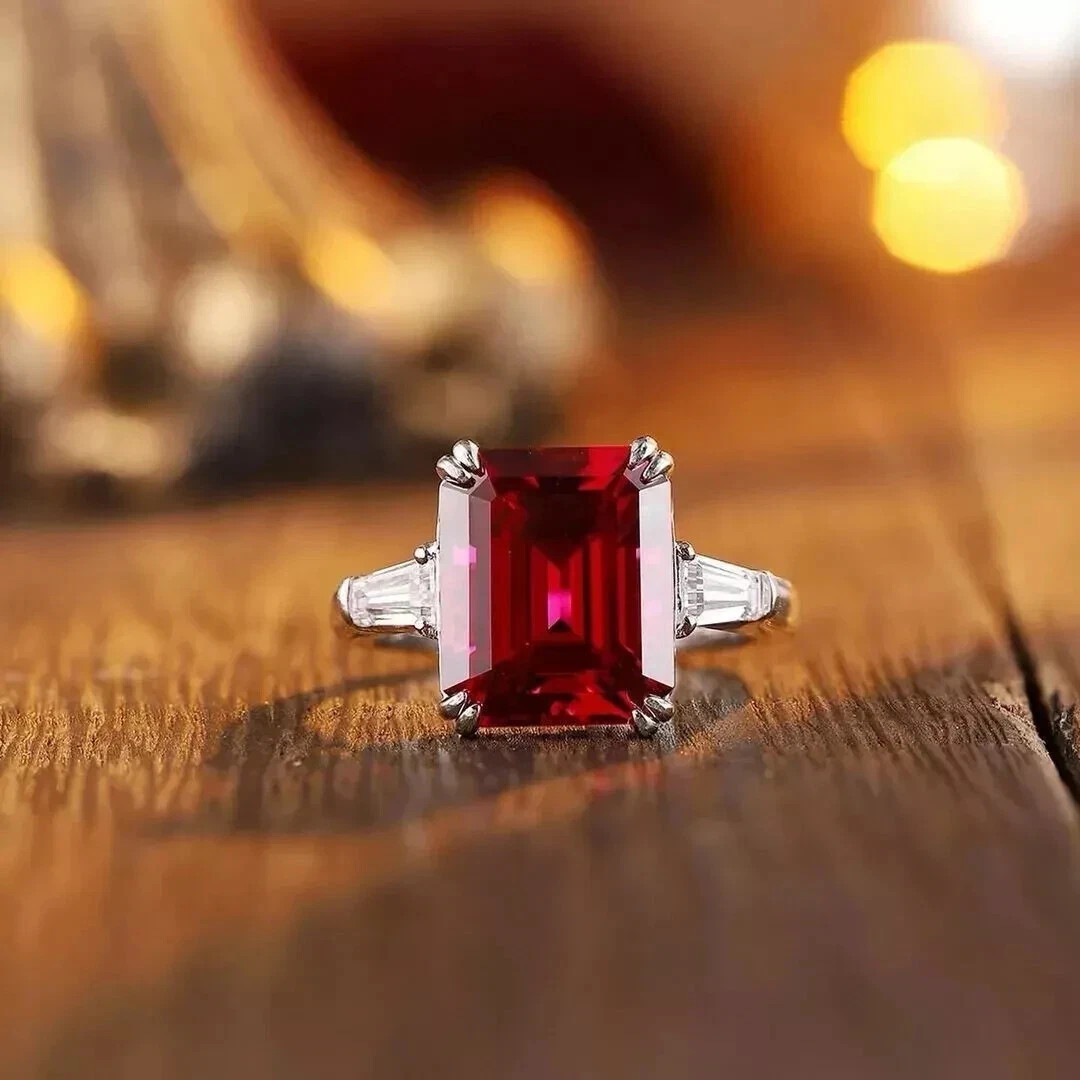 7.05 Ct Emerald Cut Natural Red Ruby & Diamond Wedding Ring 14K White Gold Solid