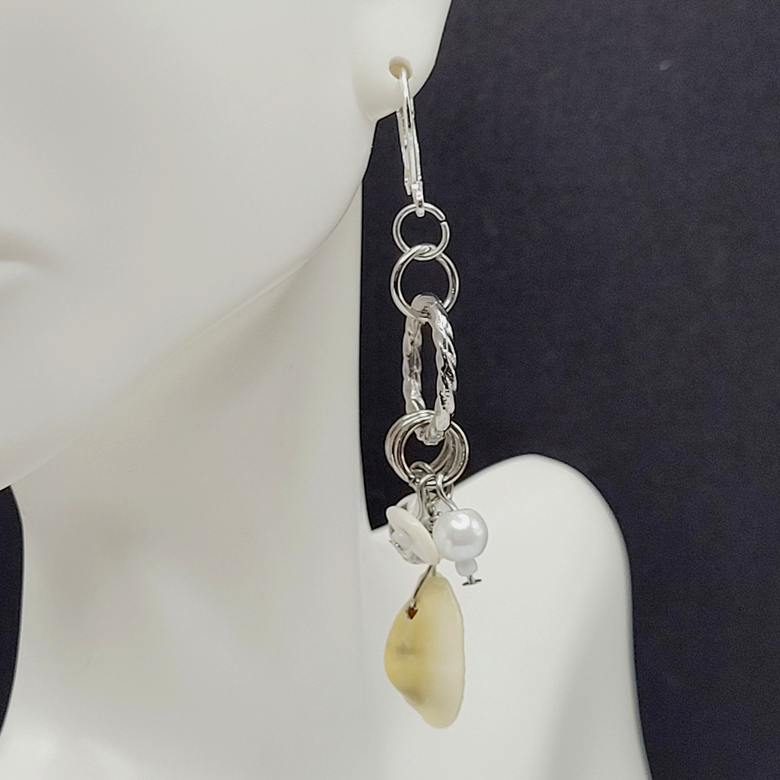 Handcrafted Boho Cowrie Shell Dangle Earrings Silver Tone Cluster Beaded Coastal