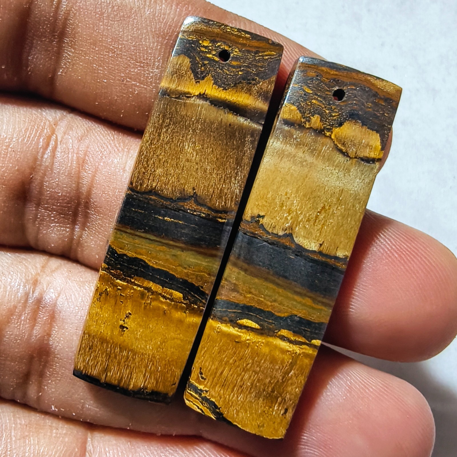 55 Cts Natural Tiger’s Eye Drilled Match Pair Cabochon Gemstone 40.7 X 12.2 MM