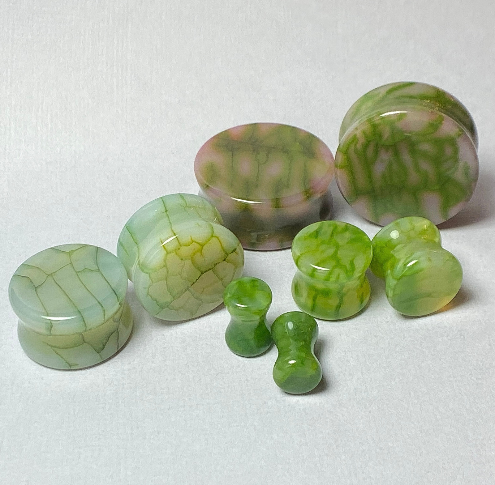 PAIR Green Dragons Vein Agate Stone Double Flare Plugs Organic Earlets Gauges