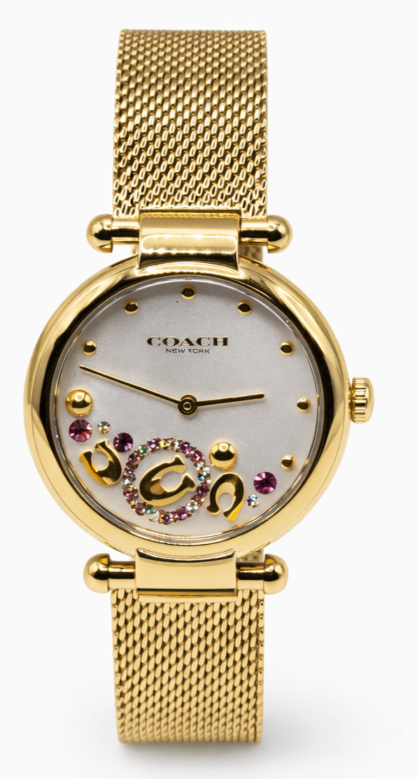 Coach Cary 14504003 Women’s Gold Tone Pink Crystal C Mesh Watch Silver Dial 34mm