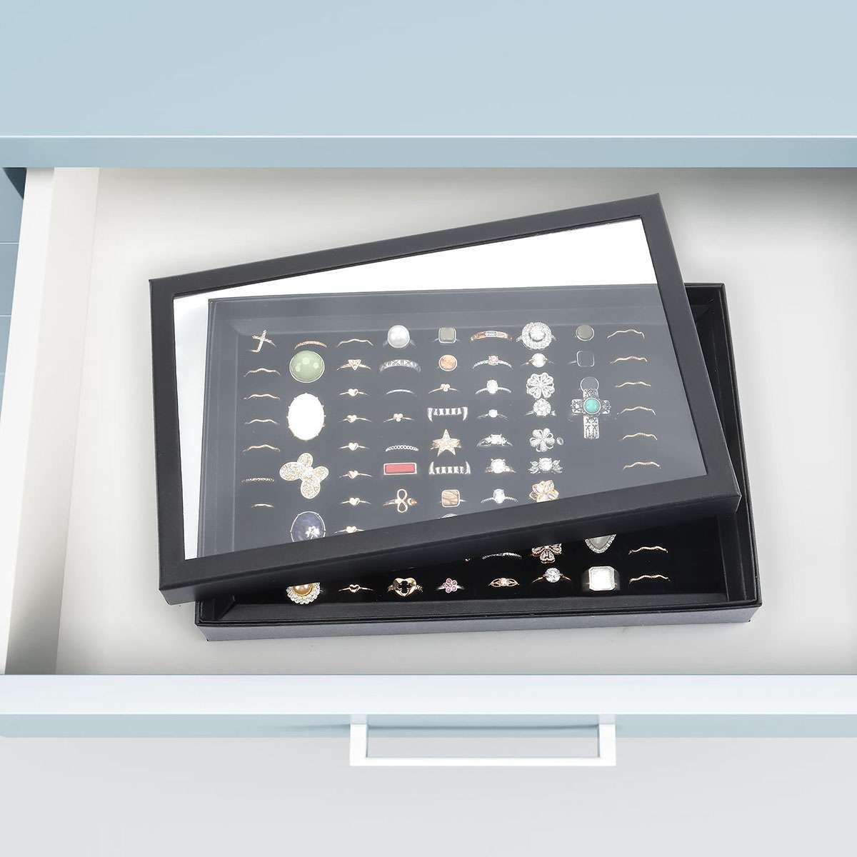 100 Slots Jewelry Ring Display Organizer Tray Holder Earrings Storage Boxes Case