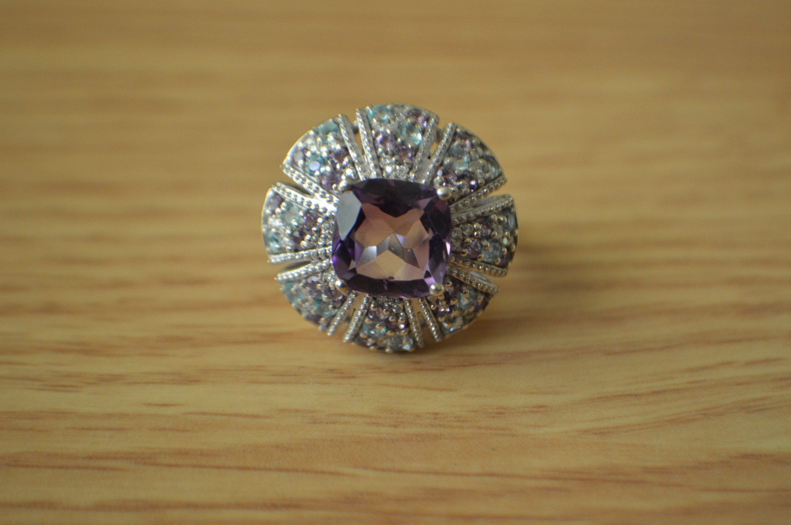 5.85ct Morrocan Rose Quartz / Multi Gemstone Ring Rhodium over Silver Size 7