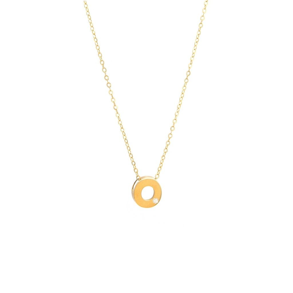 14K Yellow Gold Diamond O Initial Letter Minimalist Necklace 16″-18″