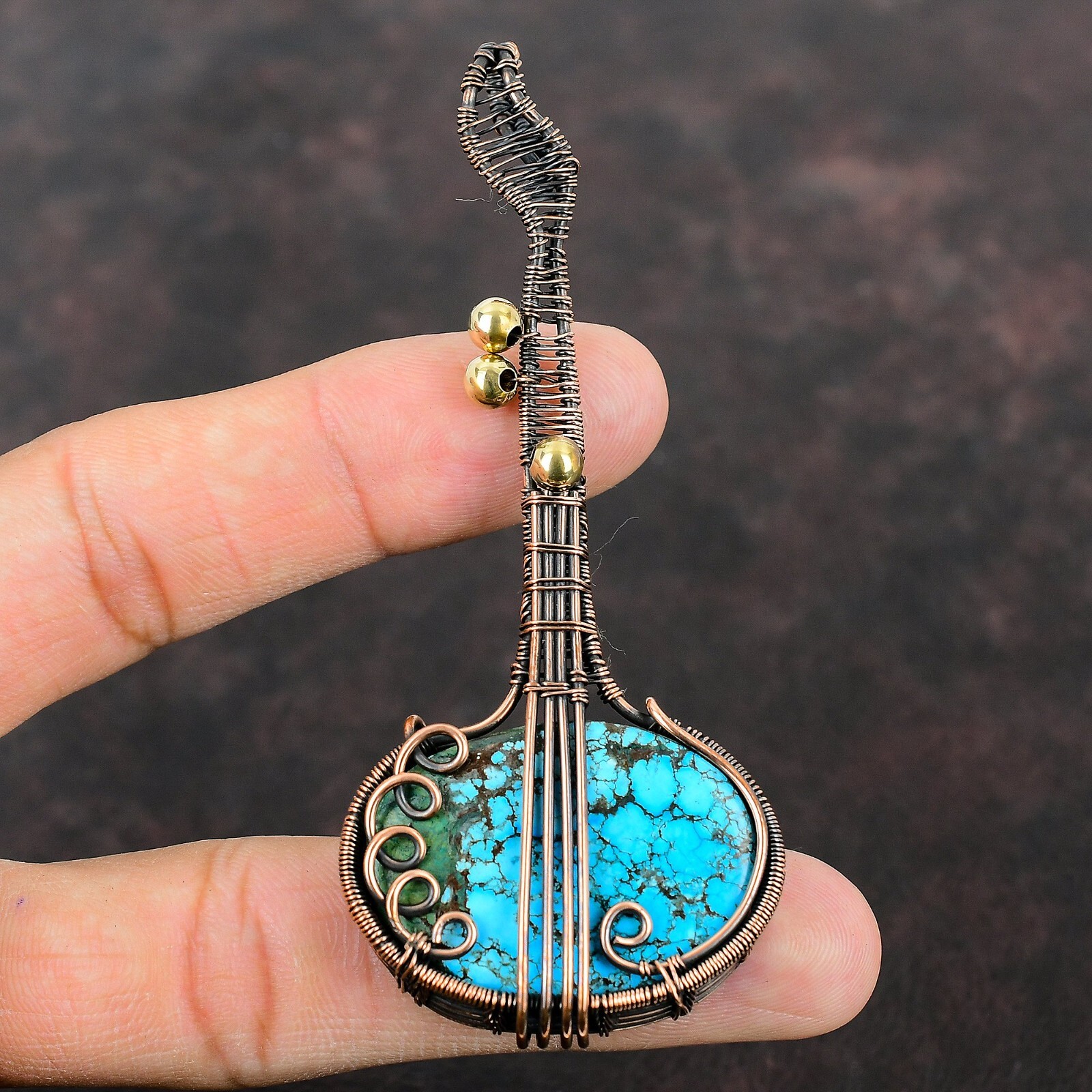 Tibetan Turquoise Copper Love Gift Wire Wrapped Guitar Pendant 3.58″