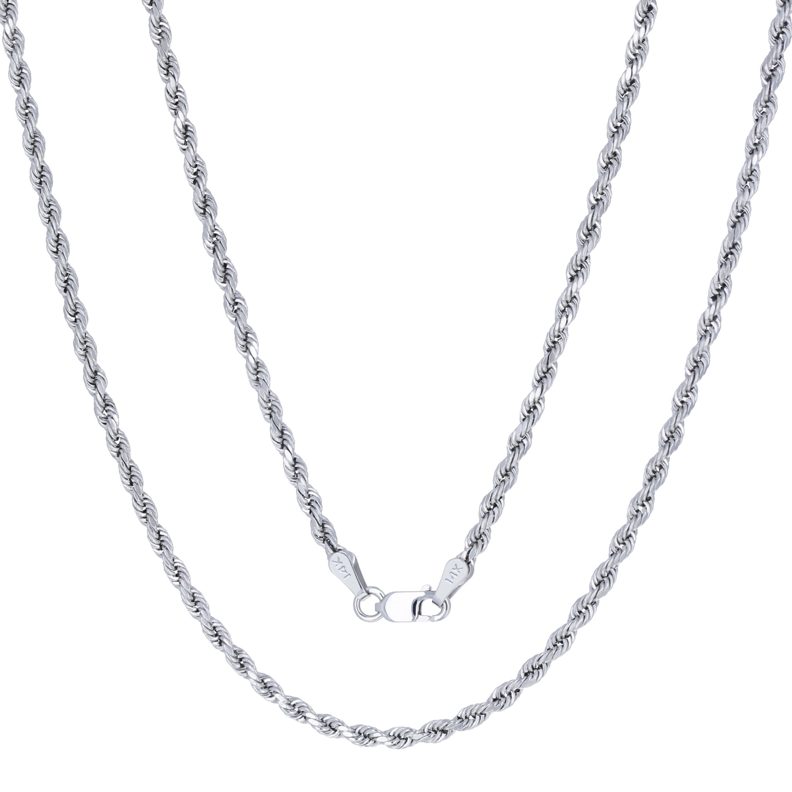14K White Gold 2.5mm Diamond Cut Rope Chain Pendant Necklace Mens Women 14″- 30″