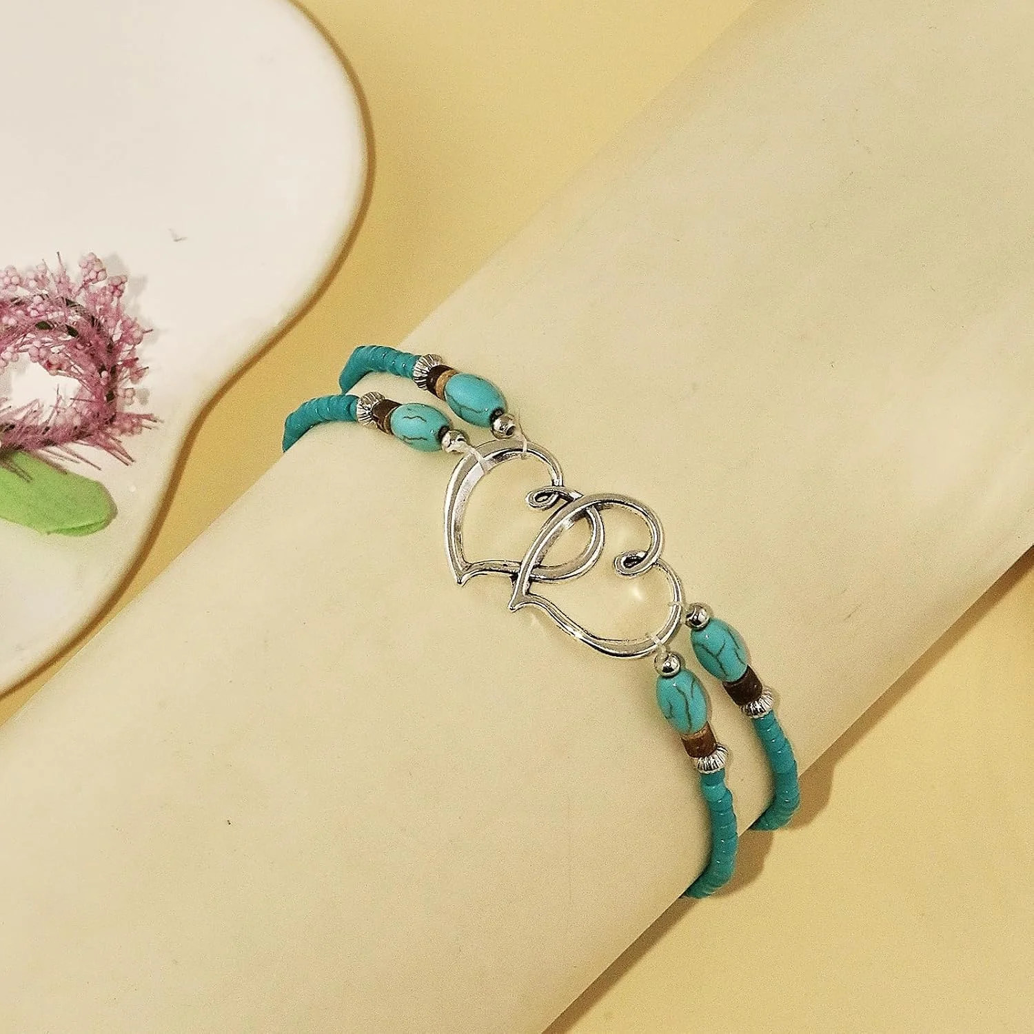 Elastic Beaded Ankle Bracelets for Women Double Heart Layered Stretch Ankle Brac