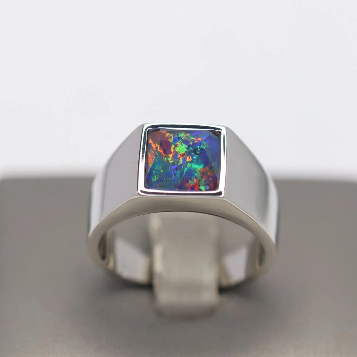 Blue Fire Opal Gemstone Signet Ring, 925 Sterling Silver Ring Gift For Friend