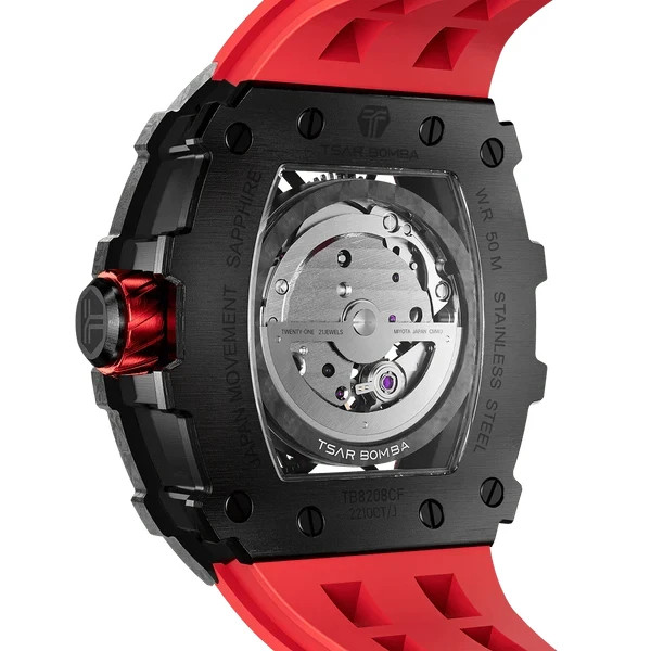 TSAR BOMBA Mens Automatic Watch Carbon Fiber Skeleton Tonneau Sapphire White Str