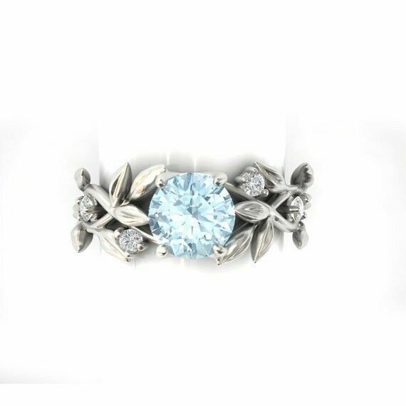 Men Women Elegant Leaves Ring 2.1Ct Aquamarine Wedding Size 6-10