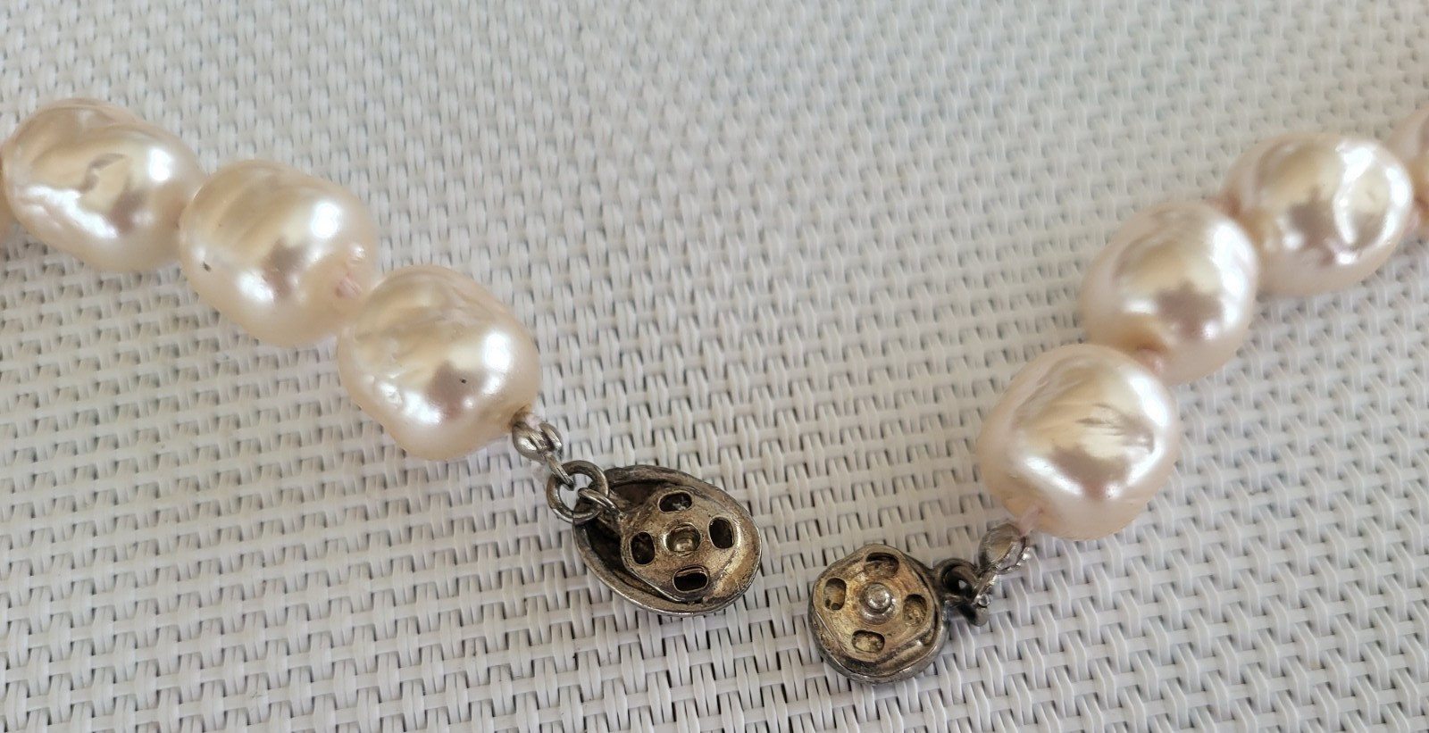 Vintage Signed Les Bernard Baroque Faux Pearls Cream Hand Knotted 29”Necklace