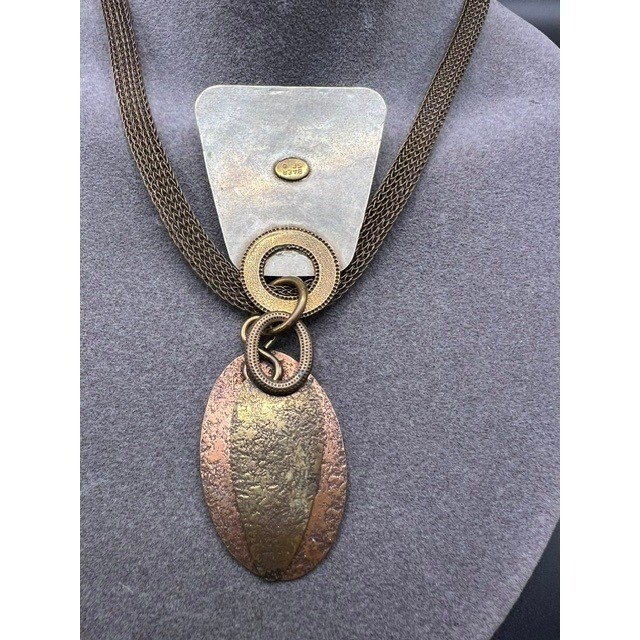 VTG Marjorie Baer SF Signed necklace Tri-Metal Plates Mesh Chain Bohemian Art