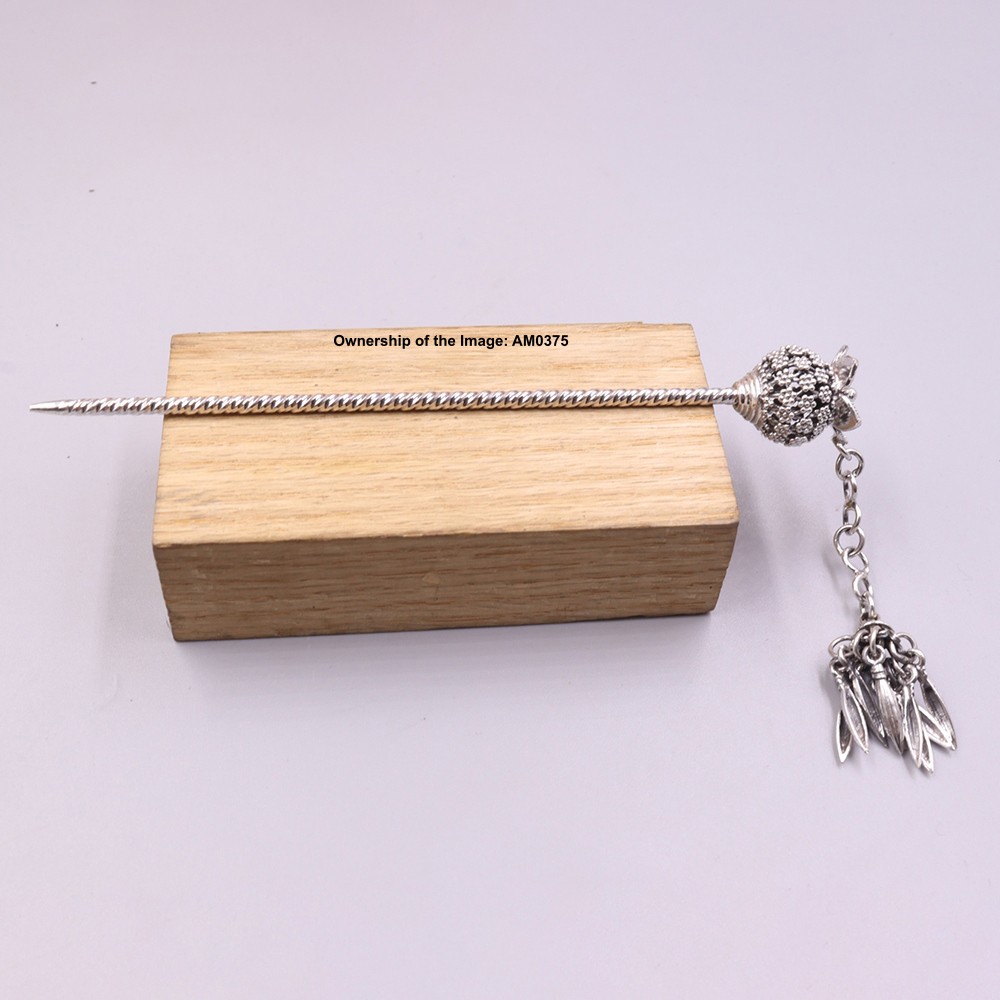 Real 925 Sterling Silver Hairpin Vintage Style Floral Ball Hair Clip Pin 4.8inch