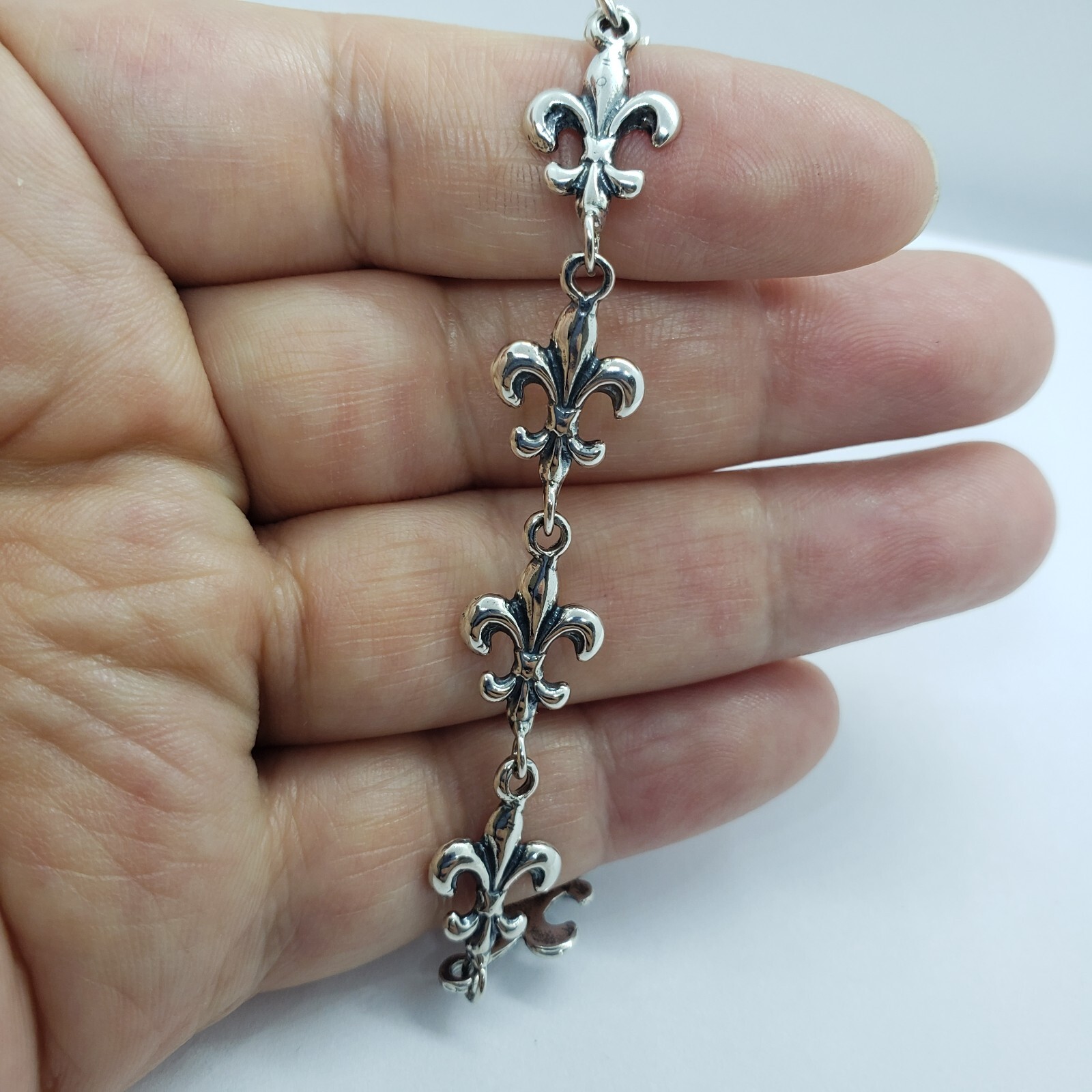 925 Sterling Silver Fleur De Lis French Lily Bracelet Anklet 7.5 inches Long