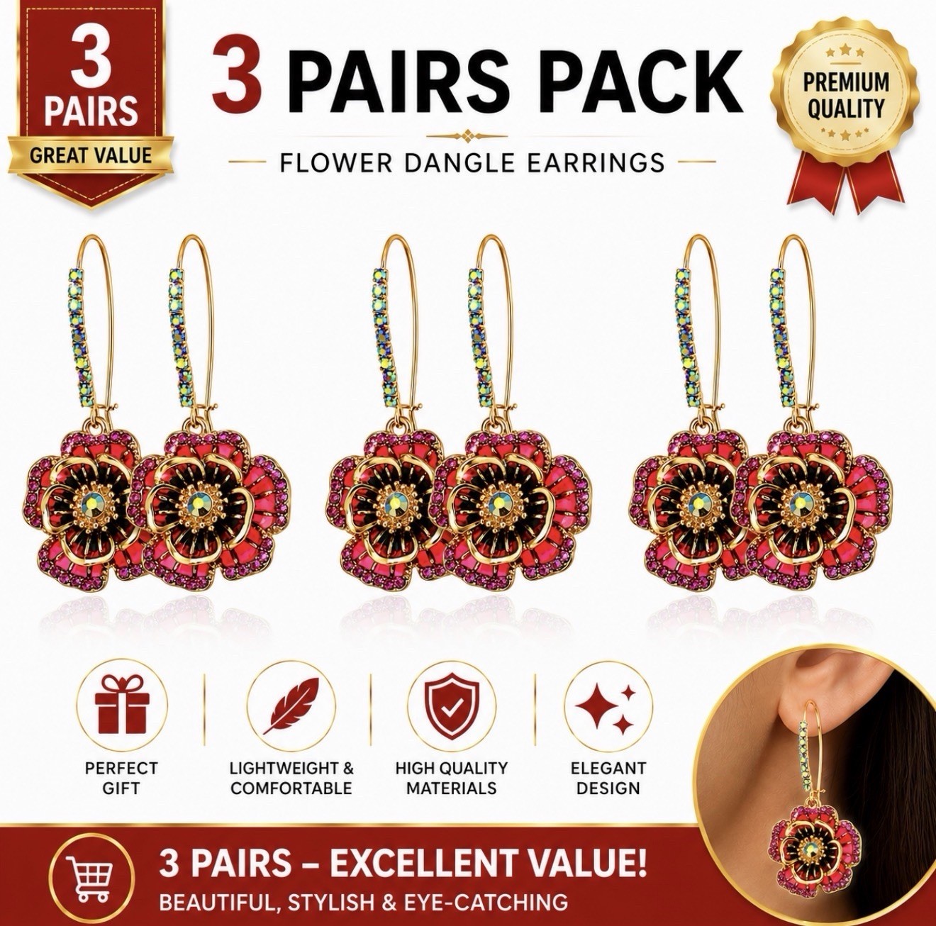 Rose Flower Dangle Earrings – Pink & Gold Tone 3 Pack