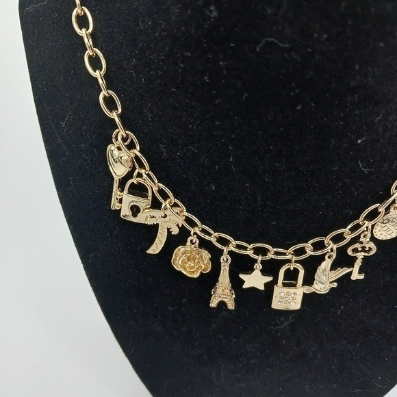 Forever 21 Gold Tone Charm Necklace Travel Love Paris Lock Key Heart Charm Chain