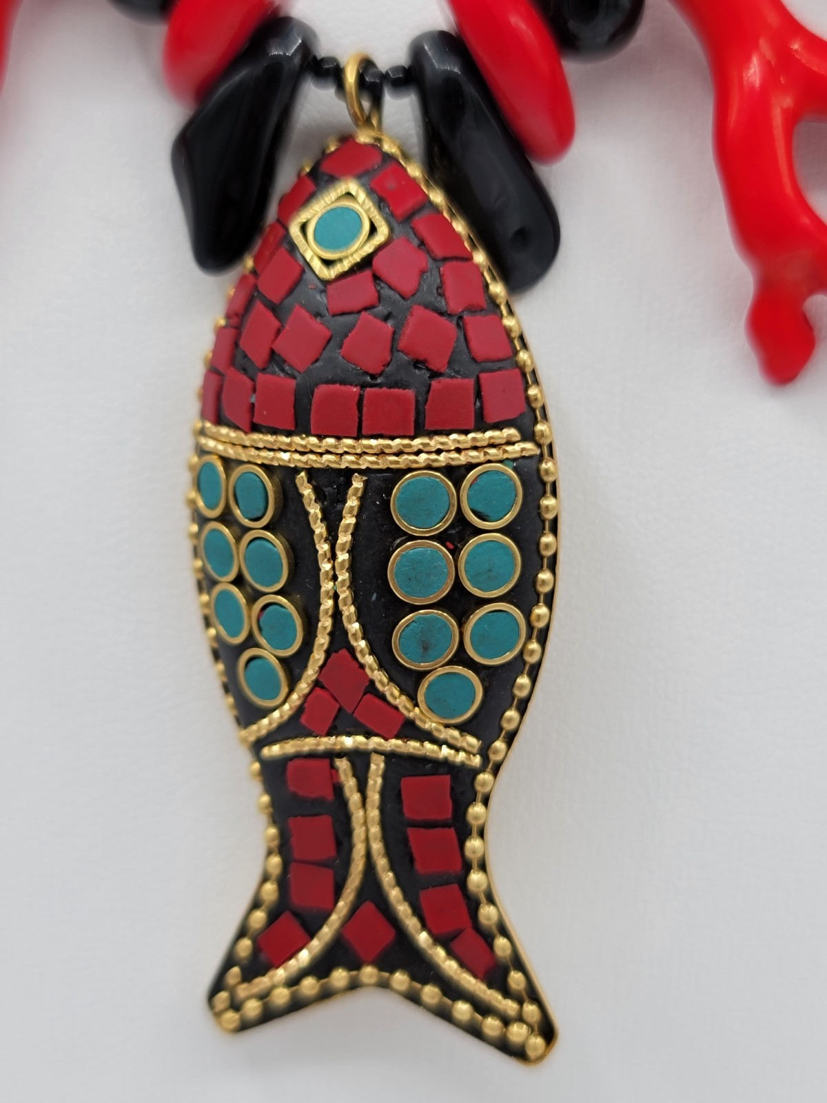 Red Turquoise Black Gold Beaded Necklace Fish Charm Pendant Lobster Clasp