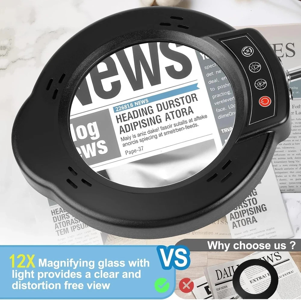 12X Magnifying Glass Lamp with Light & Stand 84 LED Dimmable 5 Color Desk Clamp
