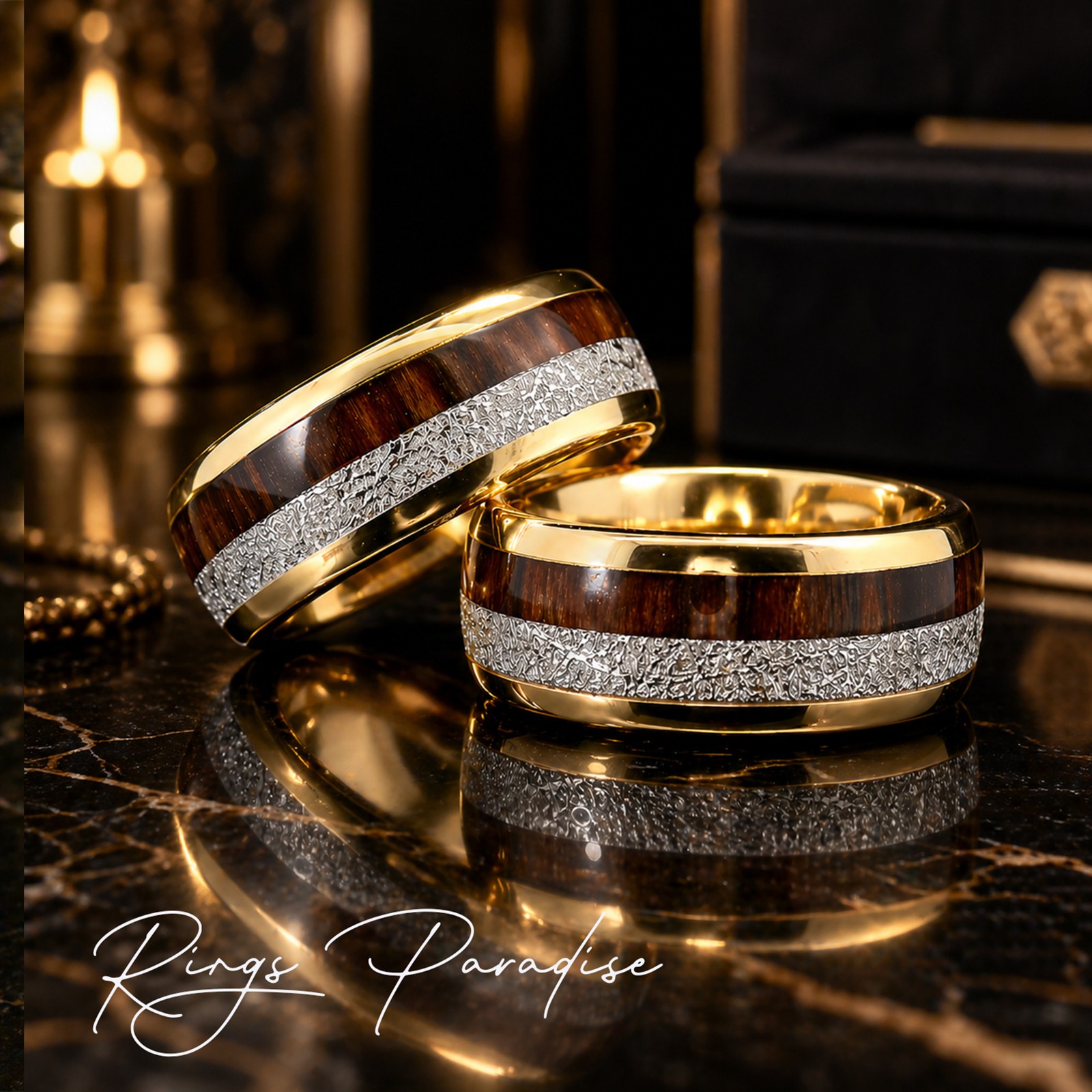 Yellow Gold Tungsten Ring 6mm 8mm | Wood Meteorite Inlay Band