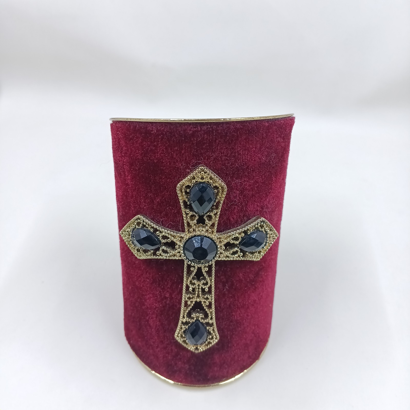 Vintange Cross Cuff Bracelet Red Velvet Gold Tone Black Rhinestones