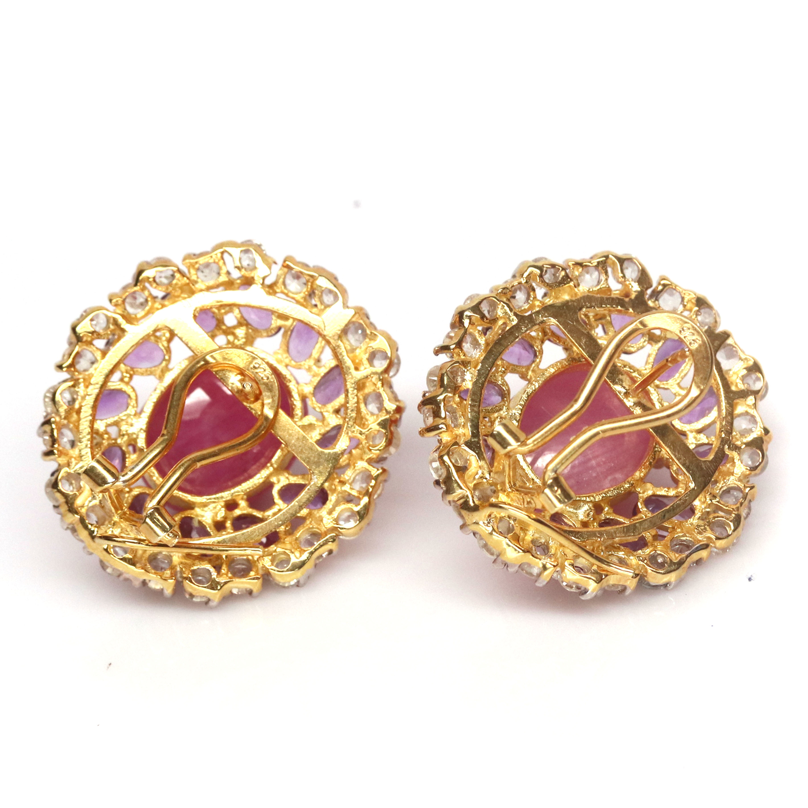 Pink Ruby Stone Stud Earrings 925 Sterling Silver Halo CZ Purple Amethyst
