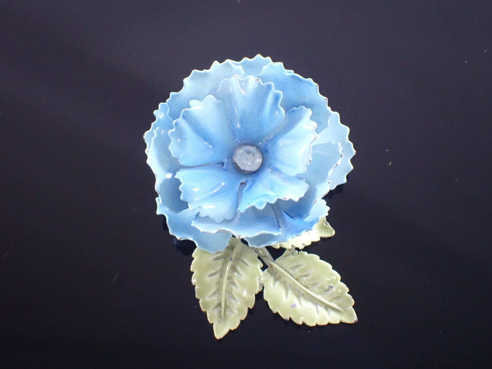 Vintage Blue Enamel Flower Brooch Glass Rhinestone Center Mid Century