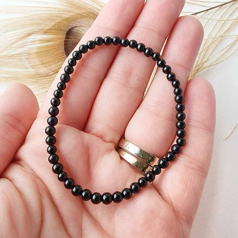 Natural Black Tourmaline 4mm Beaded Crystal Protection Handmade Healing Bracelet