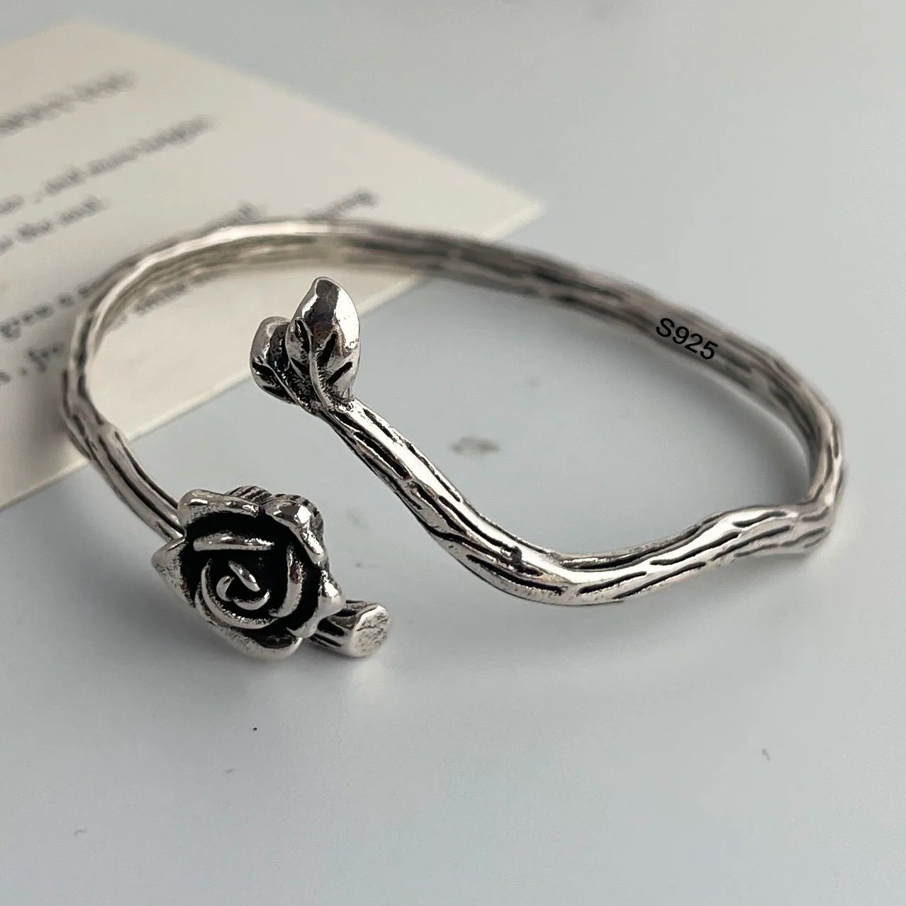 Women Cuff Bangle Vintage Flower Retro Rose Set Sterling Silver Jewelle Bracelet