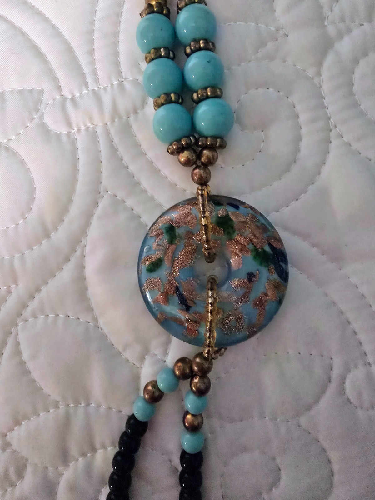 Black & Turquoise Blue Beaded Necklace Large Foil Glass Pendant NWOT
