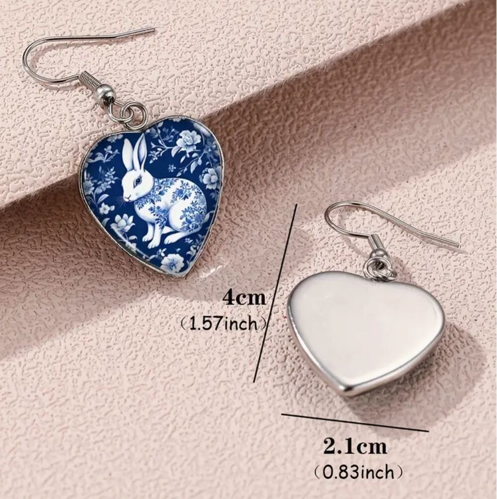 Blue & White Heart Easter Bunny Rabbit Dangle Earrings Silver Tone