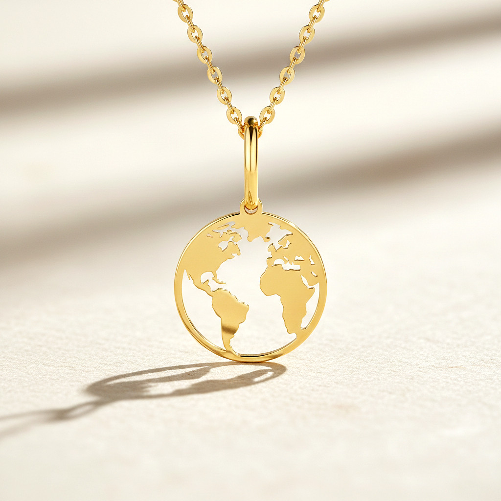 14K Real Solid Yellow Gold World Map Openwork Pendant Charm Necklace 18 in