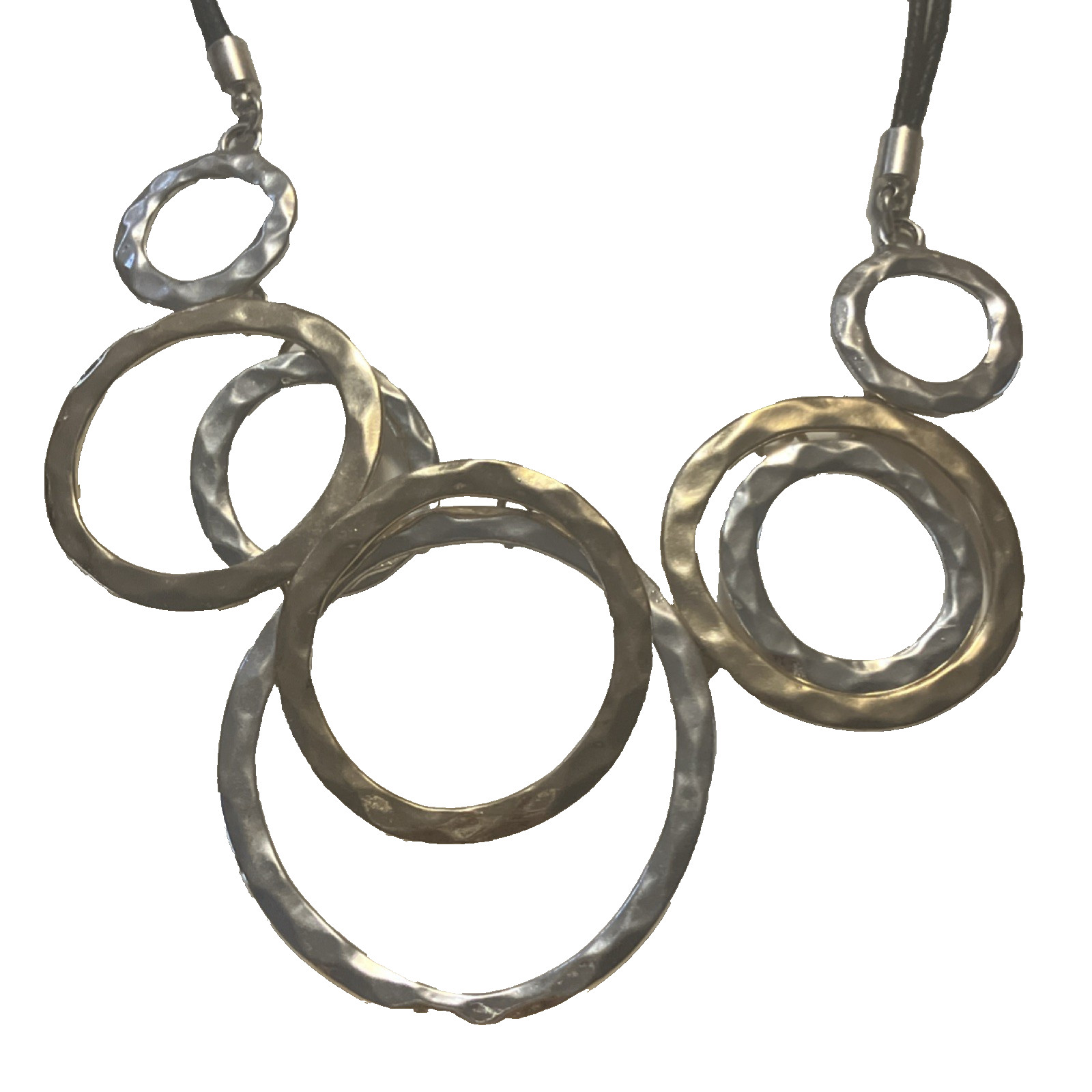 Silver Geometric Round Pendant Necklace Hammered Metal Rings Black Cord Gift