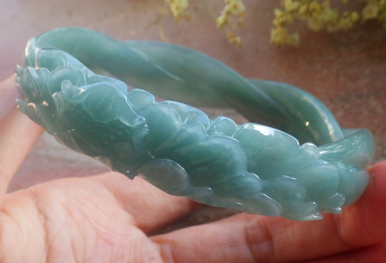 Video Certified Large Green A JADE Jadeite Flower Bangle Bracelet 69mm 200433 AS