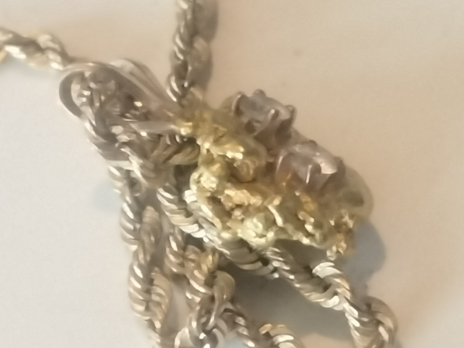14KT Gold Rope 18″ Necklace With MT Nugget And Diamond Pendant 5.1 Grams 3 DAY