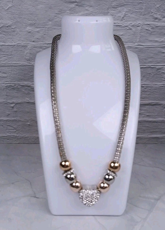 Snake Chain Necklace Silver Tone Diamante Heart Charm Copper/Silver Beads 20″