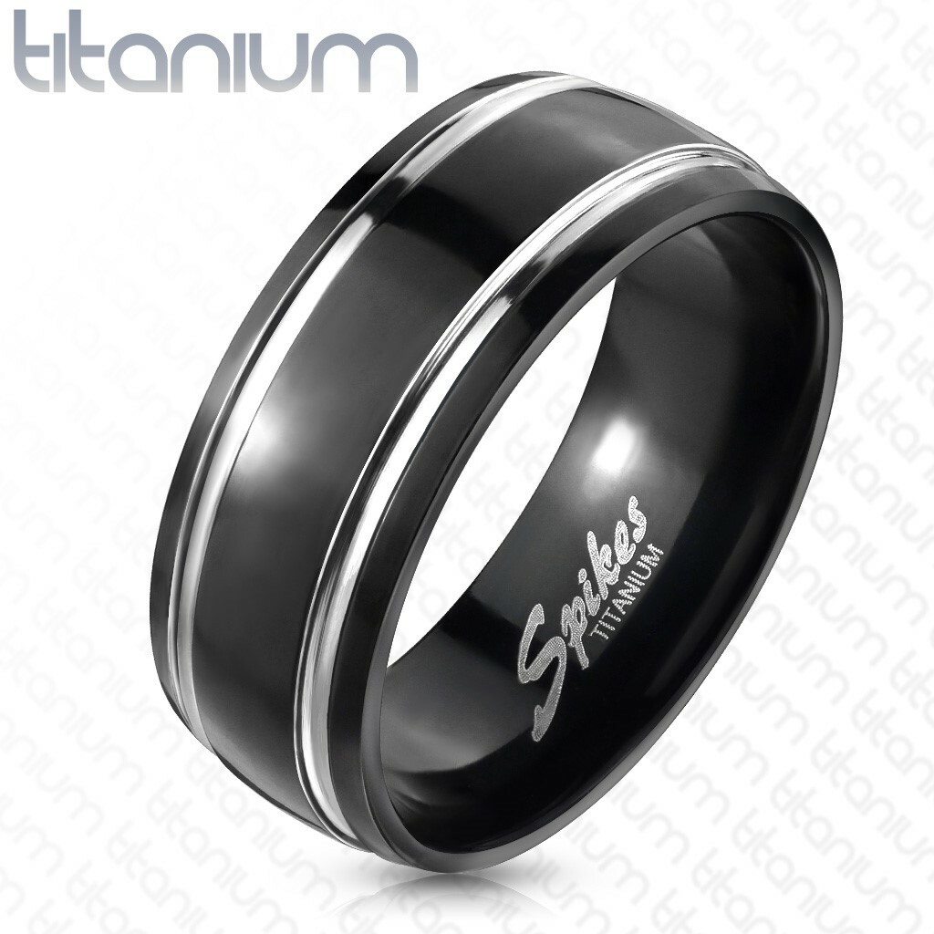 Gorgeous 6/8mm Domed Black Titanium Dual Silver Stripe Comfort Fit Band Ring
