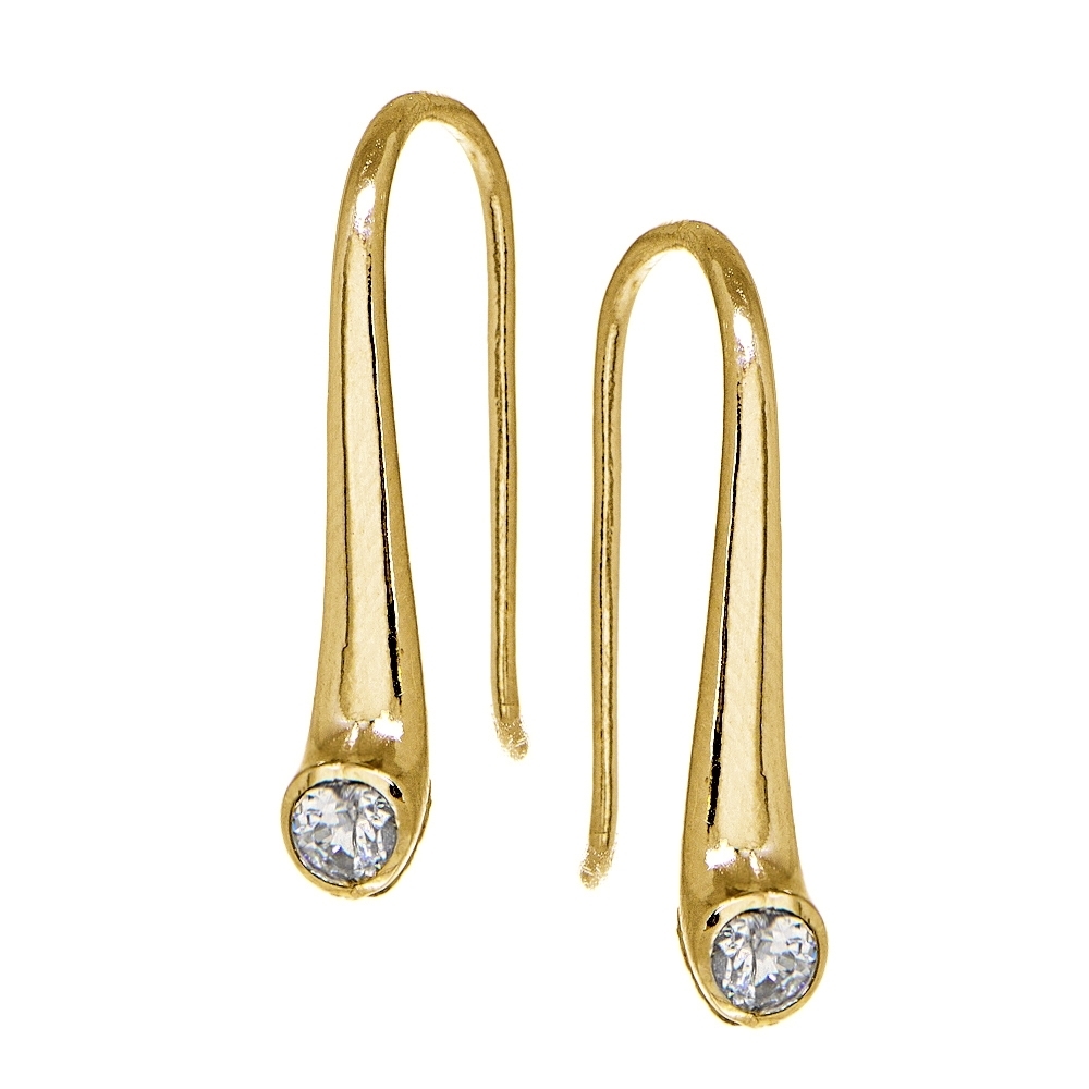 Yellow Gold Flashed Sterling Silver CZ Elongated Puffed Teardrop Hook Earrings