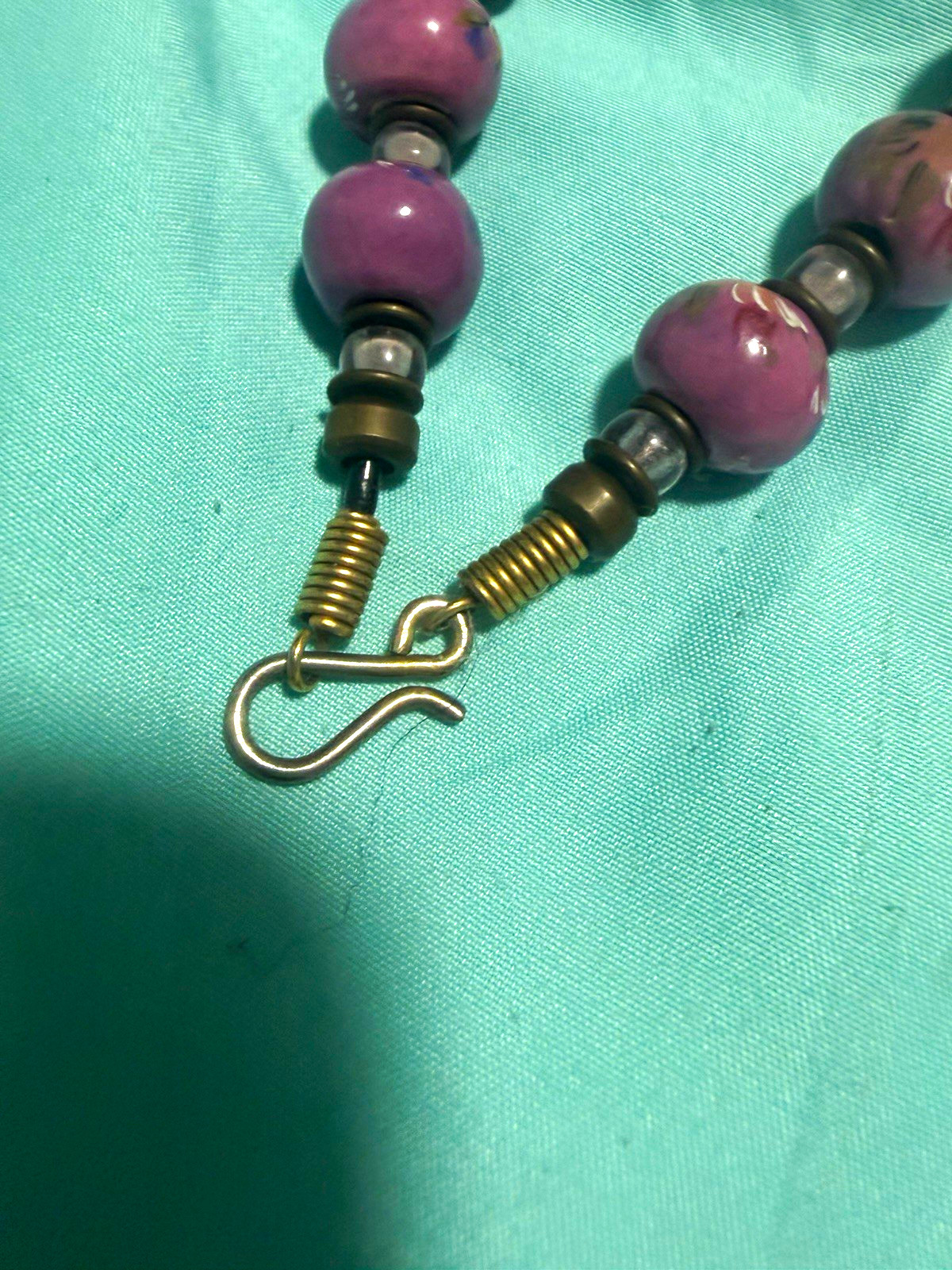 Purple Glass Beaded Necklace Ball/Bead Chain Round Beads Metal Hook Closure