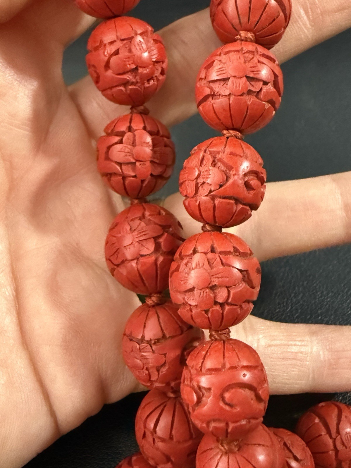 Vintage Chinese Export 24″ Necklace Hand Carved Red Cinnabar Lacquer Beads H12