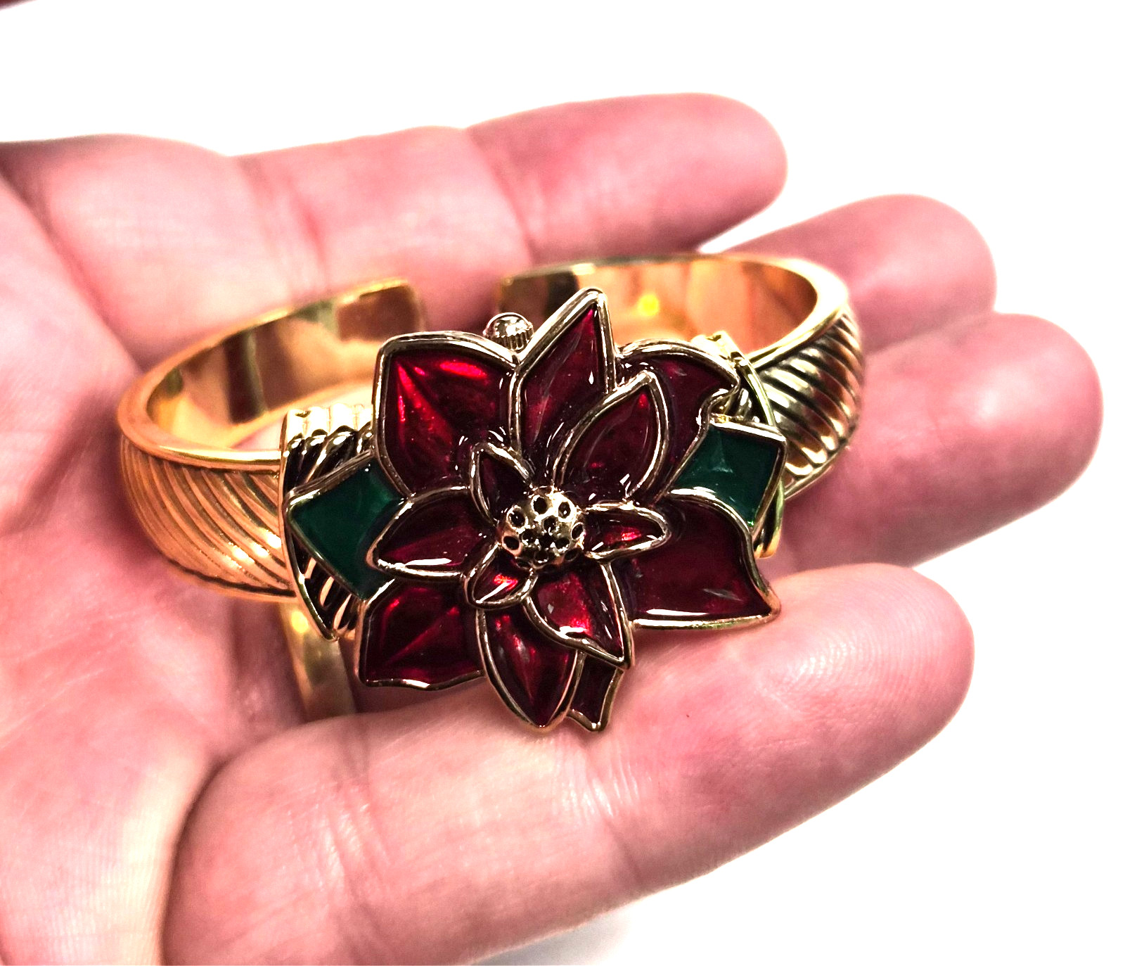 NOS Estate Macy’s Holiday Lane Christmas Poinsettia Hidden Flip Top Cuff Watch