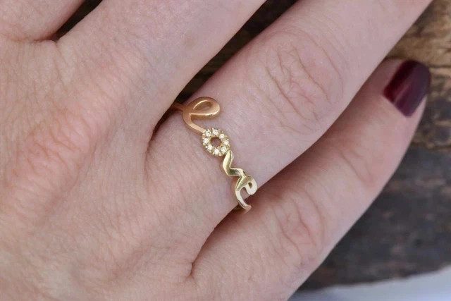 Real Moissanite 1.80Ct Round Cut Love Design Wedding Ring 14K Yellow Gold Plated